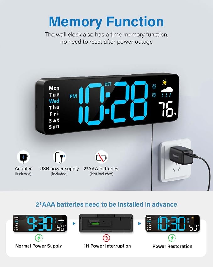 Digital Wall Clock, Digital Clock Large Display with Remote Control, Corded LED Alarm Clocks with Date, Week, Temp, Humidity, Auto DST, Countdown, for Living Room Bedroom Classroom Office (Blue)