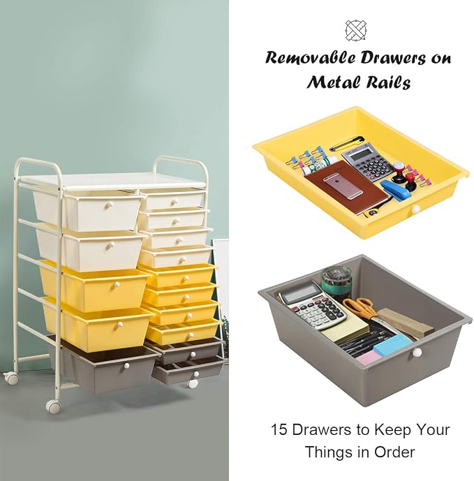 RELAX4LIFE 15 Drawer Rolling Storage Cart, Mobile Drawer Carts for Craft Art Supply Paper Salon, Utility Cart on Wheels for Classroom Teacher School Office, Rolling Cart with Drawers (Yellow)