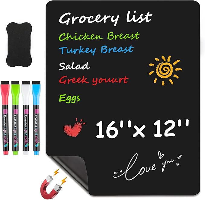 MaxGear Magnetic Black Dry Erase Board, 16 x 12 Inch, Chalk Marker Included | Strong Magnetic Surface, Easy to Write and Erase, Ideal for To-do Lists, Includes 4 Chalk Markers 1 Eraser