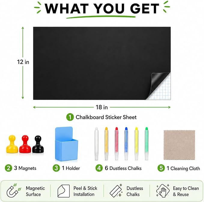Magnetic Chalkboard 12"x18" for Wall Chalk Board Sticker | Peel & stick magnetic contact paper for walls. Magnet receptive sheet holds magnets, perfect for office or drawing.