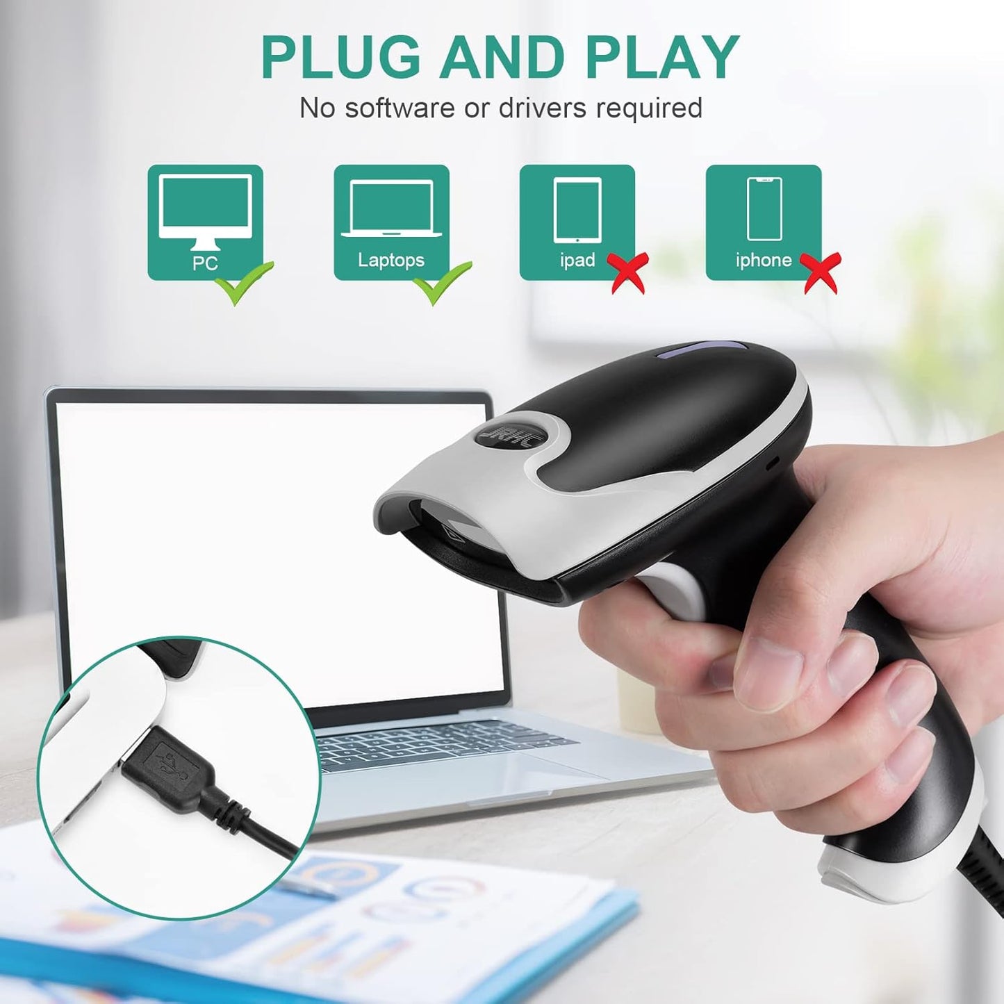 Barcode Scanner, USB Handheld QR Code Scanner Wired Connection 1D 2D&PDF417 Data Matrix Automatic Barcode Reader Plug and Play Bar Code Scanners for Store Supermarket Warehouse Library