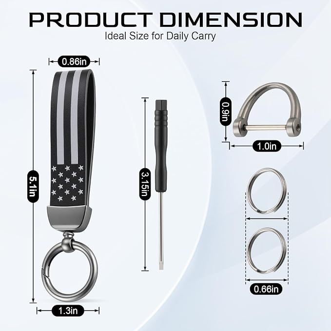 JUSTTOP Leather Keychain, American Flag Car Keychain with Anti-Lost D-Ring and 2 Key Rings, Key chain for Men