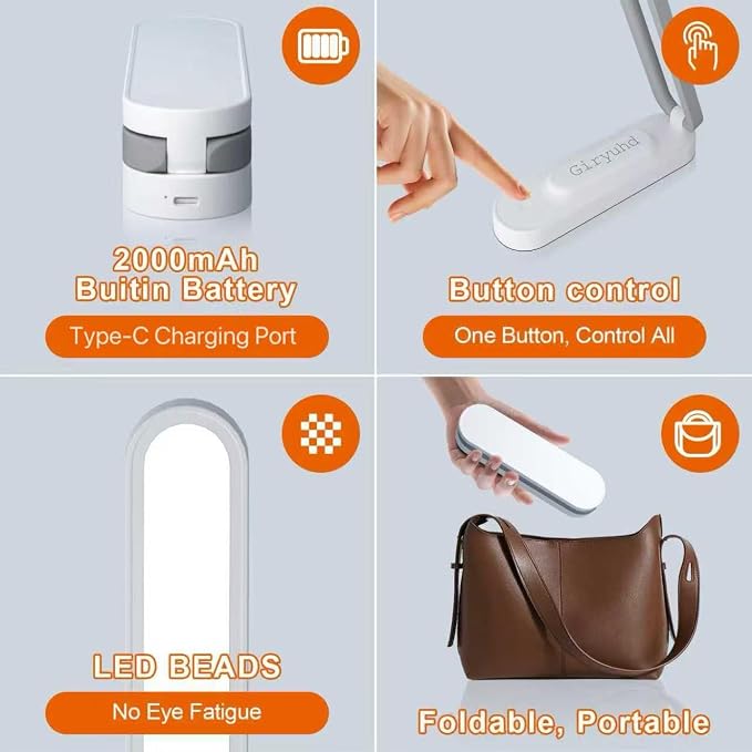 Giryuhd LED Desk Lamp for Office Home & Battery Operated Lamp Rechargeable Lamp Foldable & Portable Light, LED Desk Light Strip, 3 Brightness Dimmable Small Desk Lamp Wireless Reading Lamp(2PACK)