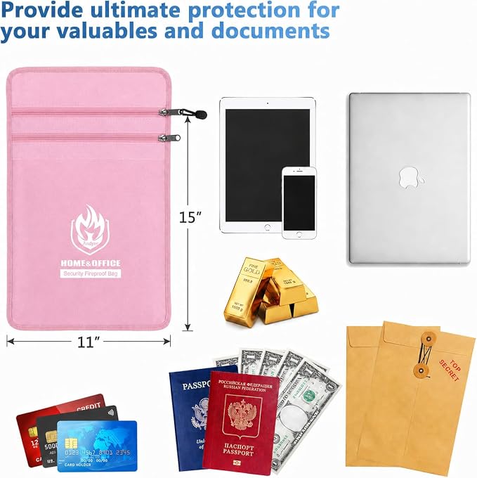 Upgraded Two Pockets Fireproof Document Bag (2000℉), andyer 15”x 11”Waterproof Fireproof Money Bag with Zipper, Fire Safe Waterproof Holder Pouch for Valuables, Legal Documents (Pink)