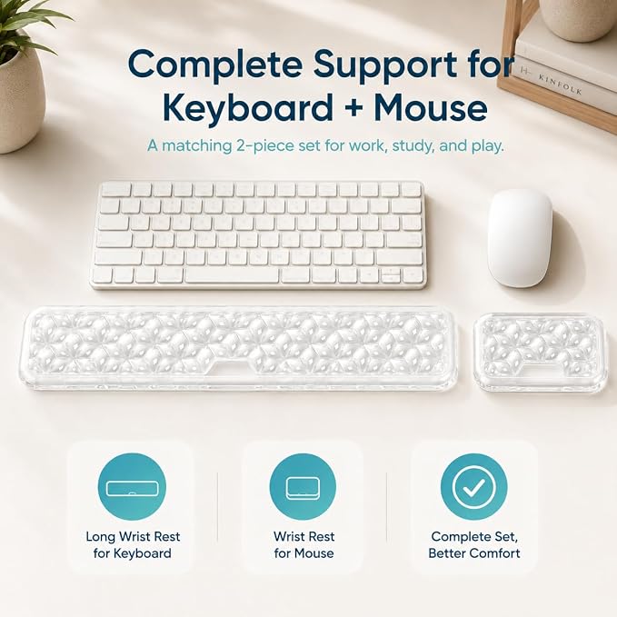 Ergonomic Gel Keyboard Wrist Rest Set, Soft Gel Palm Rest for Keyboard and Mouse, Clear Wrist Support Pad for Typing and Gaming Pain Relief, Non-Slip Base for Computer Laptop (Rectangular)