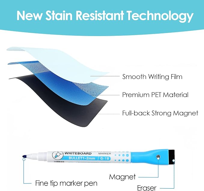 MaxGear Magnetic Blue Whiteboard for Fridge, 12 x 8 Inch, Markers Included
