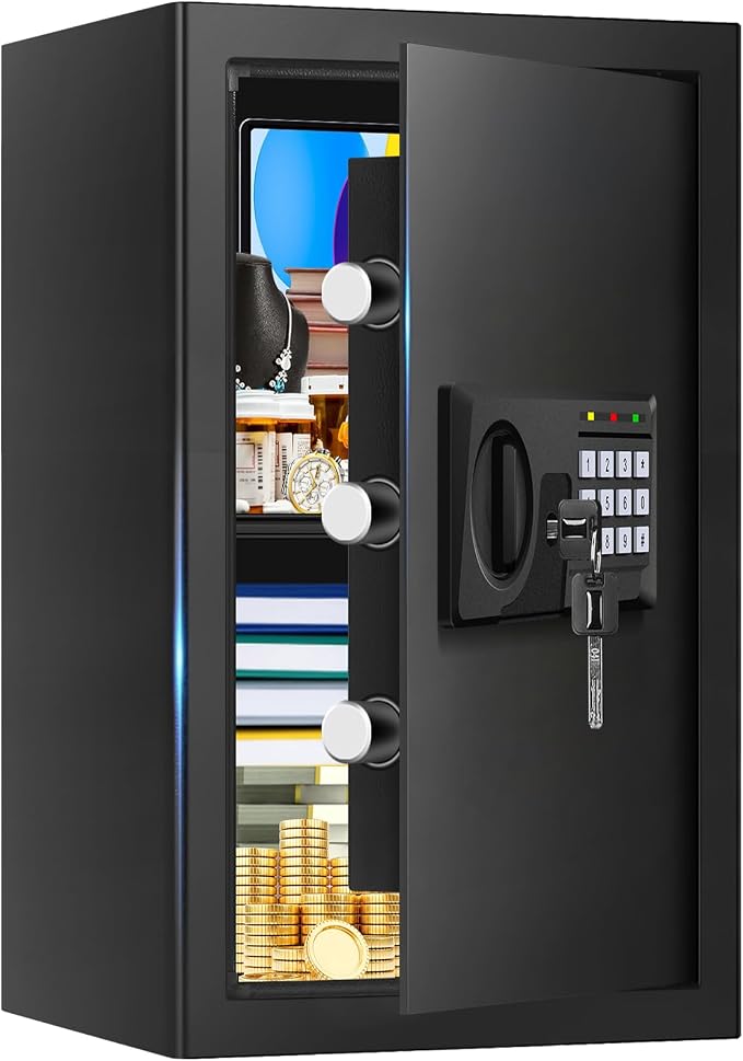 3.3 Cuft Large Home Safes Water and Fireproof with Digital Keypad & Key Lock, Security Safes for Home with DIY Removable Shelf, Anti-Pry Safe Box for Money Documents Jewelry, 19.69"H x13.78"W x 12.2"D