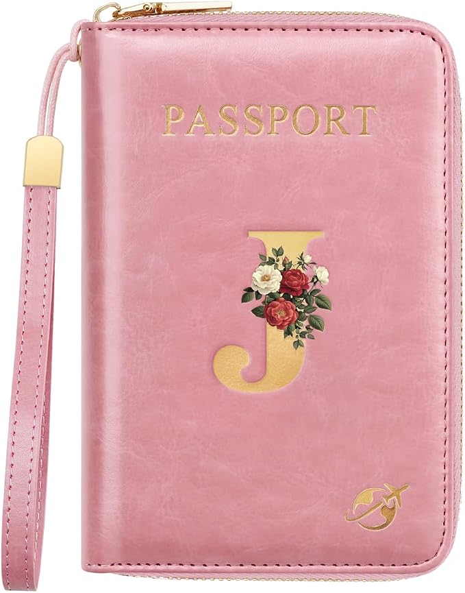 Passport Holder for Travel Personalized Wallet with Wristlet Women | All-in-One Passport Cover, RFID Blocking, Back Coin Pocket, Paper Money Slot, Zipper Closure, Roses Initial Letter, Pink J