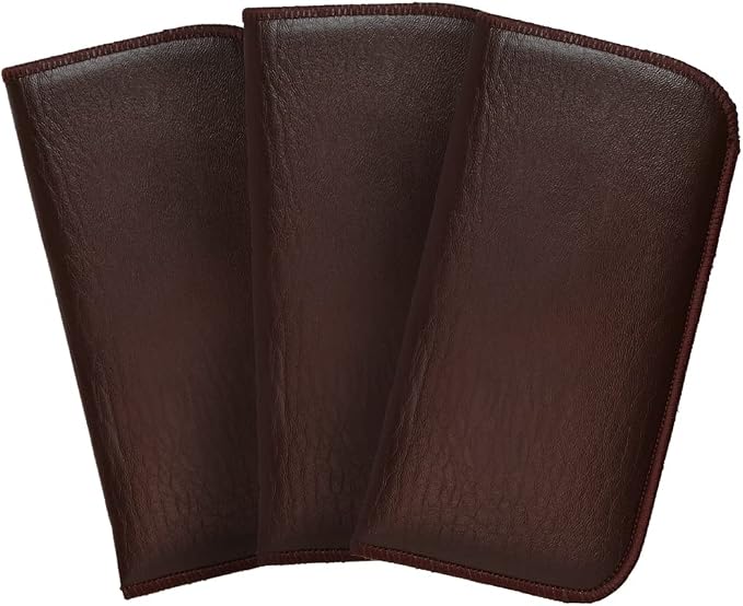 Calabria Slim Faux Leather Eyeglass Case Soft Slip-In Design [Brown without Clip - 3 Pack] | Compact Protective Pouch | Soft Case for Glasses | Lightweight Sunglass Storage