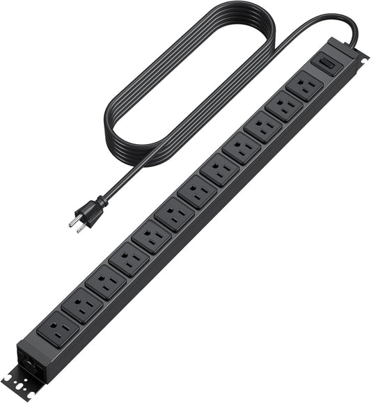 HHSOET 360° Rotating 12 Outlet Mountable Power Strip, Metal Gaming Table Mounted Outlet Strip, Heavy Duty Wall Mount Surge Protector with Switch, Works Great and Very Versatile, 10ft Power Cord.Black