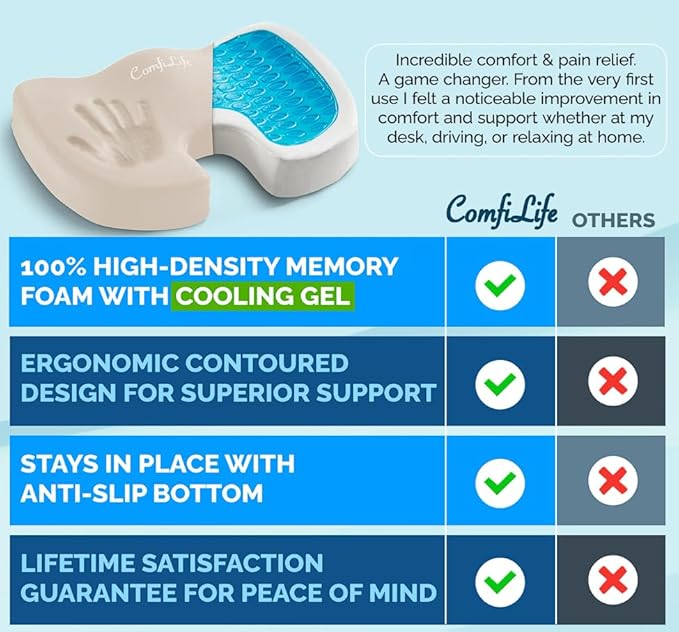 ComfiLife Premium Gel & Memory Foam Seat Cushion – Doctor Recommended Office Chair Cushion, Car Seat Cushion – Chair Cushions for Back & Sciatica Pain Relief – Seat Cushions for Office & Desk (Beige)