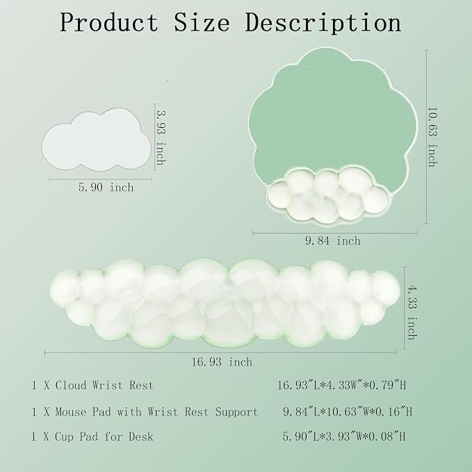 Gel Cloud Wrist Rest Keyboard Clear Green Mouse Pad with Wrist Rest Set 3PCS Ergonomic Cool Keyboard Wrist Pad Cute Acrylic Coaster Non-Slip Base Cute Transparent Mouse Wrist Pad Support for Computer