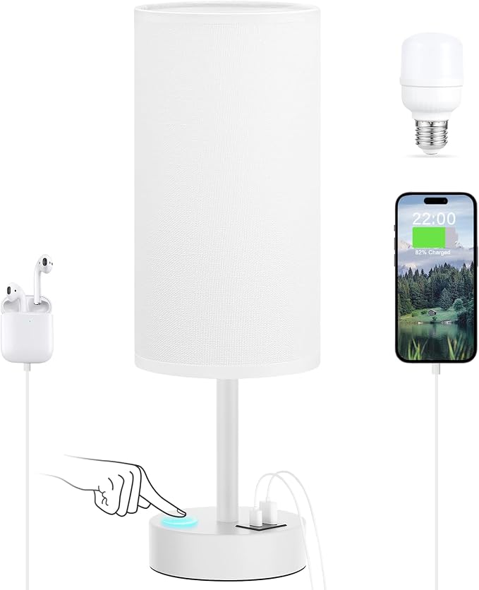 Dicoool Bedside Table Lamp for Bedroom - 3-Way Dimmable Touch Lamp, USB A+C | LED Bulb Included, 14" Small Nightstand Lamp for Desk, Living Room, Guest Room, White Fabric Lampshade, White Metal Base