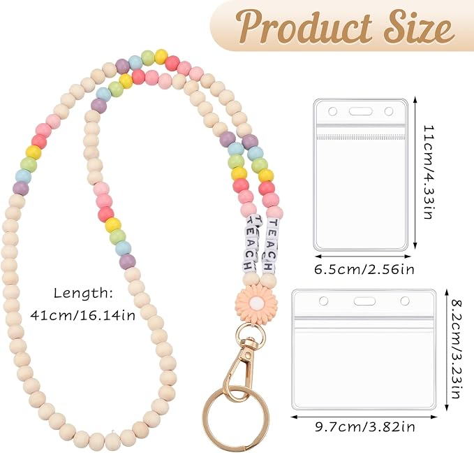 Teacher Lanyard for ID Badges Wooden Beaded Lanyard with ID Holder for Teachers Doctors Office Staff in Schools, Hospitals, and Workplaces Carrying Keys or Access Cards