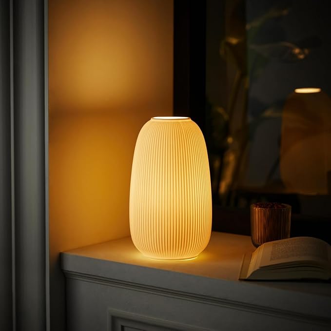 Modern Ceramic Decorative Table Lamp Living Room Bedroom Bedside | Handcrafted Unique Warm Ambient Lighting Lamp, Accent White Translucent Ceramic shade, Fully Dimmable, Corded, Bulb Included