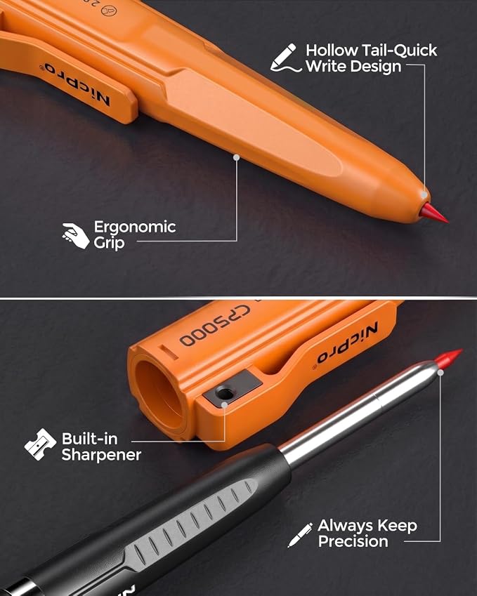 Nicpro CP5000 Magnetic Carpenter Pencils with Sharpener & Holster, 1 Pack | 2.8mm Mechanical Pencil+10 Refills, Deep Hole Marker for Construction, Woodworking Pencils with Strong Magnet Pickup Cap