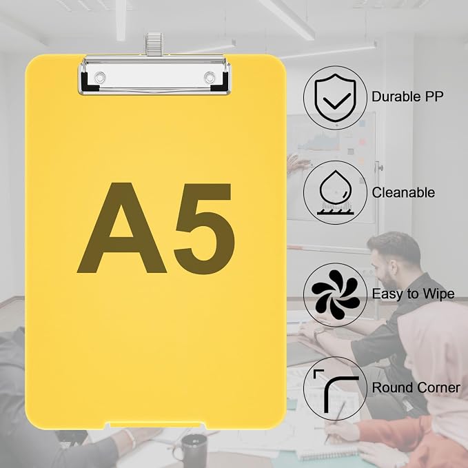 Hongri A5 Clipboard with Storage, Metal Retractable Pen Holder, Yellow | 6 x 9'' Nursing Plastic Foldable Clip Board, Size 9.4 x 6.1 x 0.9 in, Menu Box for Work, Office & School Supplies
