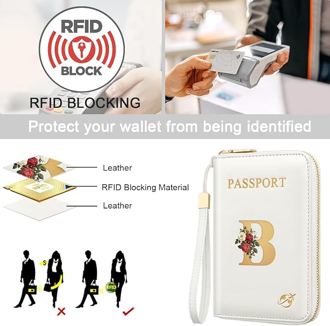 Passport Holder for Travel Personalized Wallet with Wristlet Women | All-in-One Passport Cover, RFID Blocking, Back Coin Pocket, Paper Money Slot, Zipper Closure, Roses Initial Letter, White B