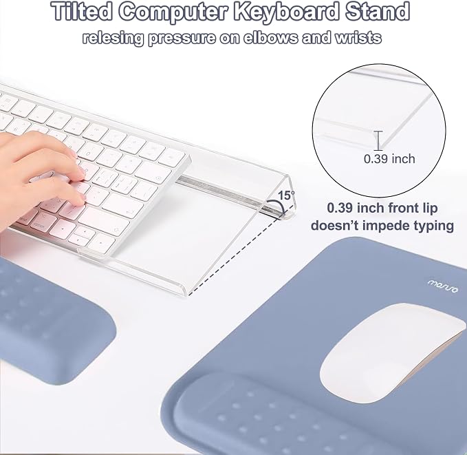 MOSISO Keyboard Stand&Wrist Rest Support for Keyboard &Mouse Pad Set | Ergonomic Massage Wrist Rest Set, Easy Typing Working Acrylic Clear Stand for Office Home, Lavender Gray
