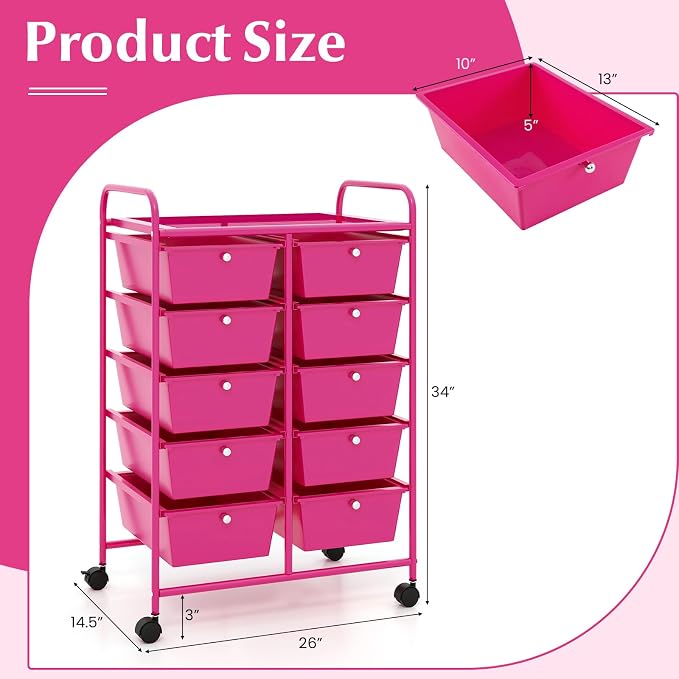 10 Drawer Rolling Cart, Storage Cart Organizer on Wheels, Drawer Cart with Metal Frame & Large Storage Capacity, Rolling Cart with Drawers for Living Room Classroom, Office