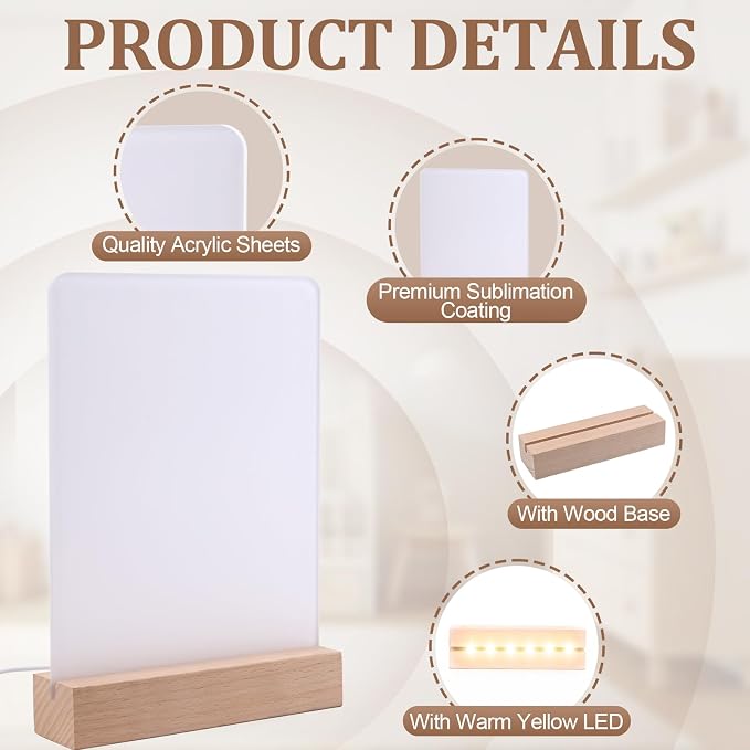 4 Pack 6" x 8" Sublimation led Acrylic Photo Frames Night Lights Blanks Heart Shape,with Warm Color Light with Wood Stand for Heat Press Machine Printing