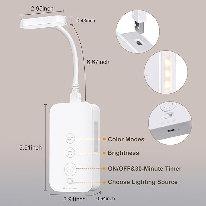 Ellasay Wall Mounted Reading Light: Dimmable LED Night Lights with Timer & Memory - Adjustable Gooseneck USB Powered - Easy Install for Kids Bedroom/Dorm Room/RV 2 Pack (White)