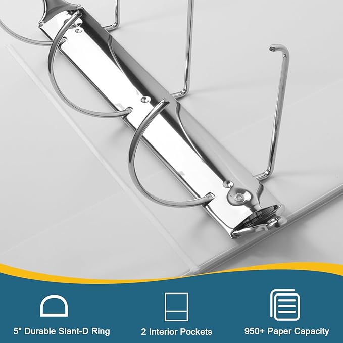 5-Inch 3 Ring Binder, Standard 5" Slant-D Ring Binder Fit Letter Size Paper, Presentation View Binders, White, 6-Pack