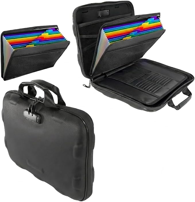 Fireproof Document Box, Hard Case Fireproof File Organizer Box with Lock and 13 Pocket Accordion File Folder, Portable Safe Box for Office Storage Important Documents (With Out Shoulder Strap, Black)