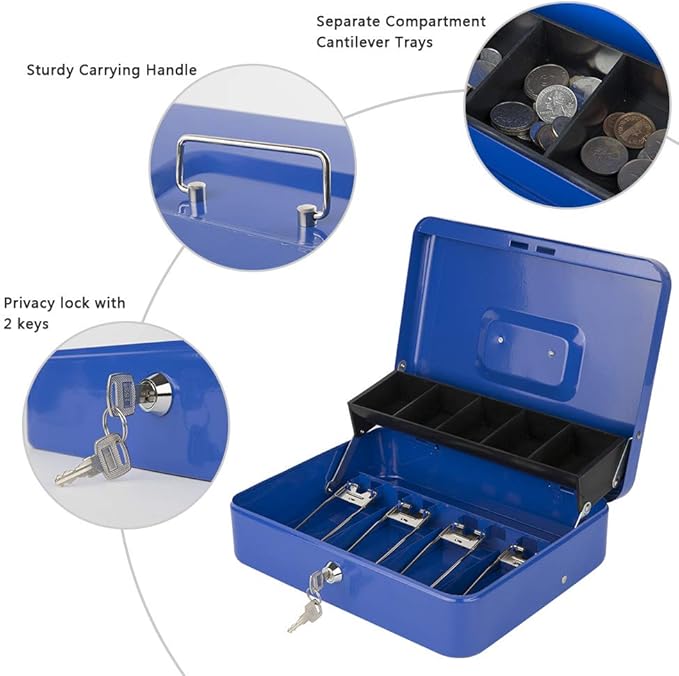 KYODOLED Locking Cash Box with Lock,Money Box with Cash Tray,Lock Safe Box with Key,Money Saving Organizer,11.81Lx 9.45Wx 3.54H Inches,Blue XL Large