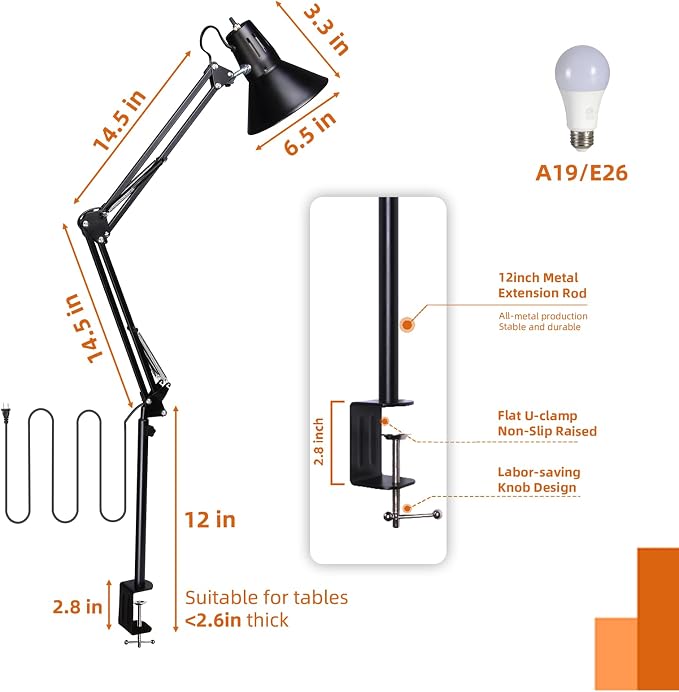 Black Dimmable Desk Lamp with Clamp, Extra-Tall Adjustable Swing Arm | Manicurist Table Lamp for Nail Work, Drafting, Sewing, Crafting, Home Office, 3 Color Temperatures, A19 Bulb Included