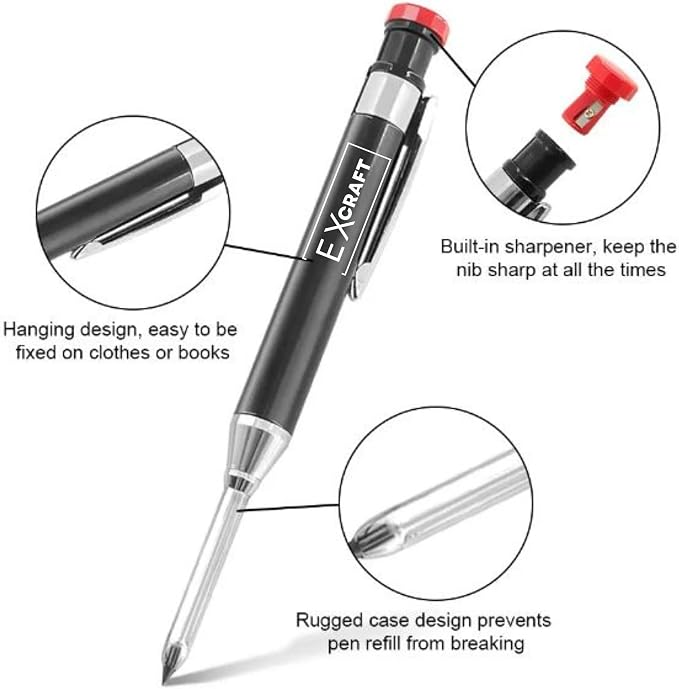 Red Premium EXcraft Metal Mechanical Carpenter Pencil Deep Hole with Built-in Sharpener For Architect Construction Carpentry Making Scribe Tools