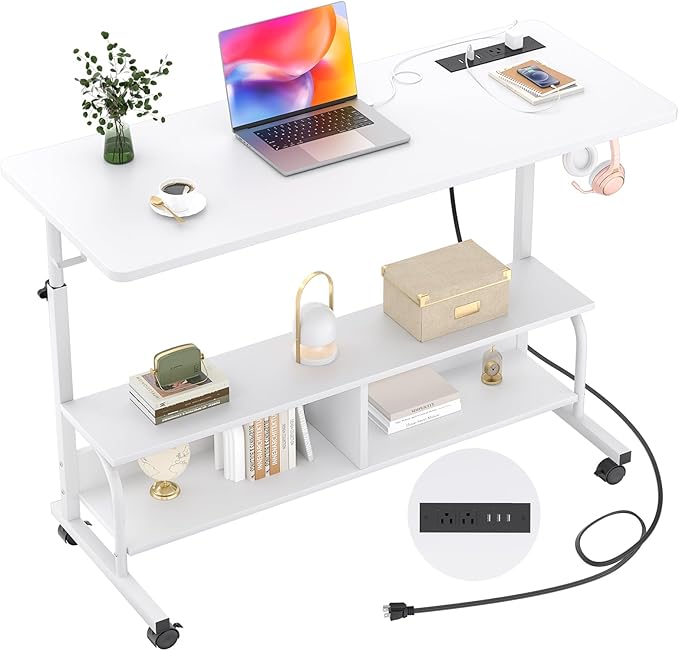 Armocity Height Adjustable Standing Desk with Power Outlets, 47" Manual Stand Up Desk with Storage Shelves Small Mobile Rolling Computer Desk Portable Laptop Table with Wheels for Home Office, White