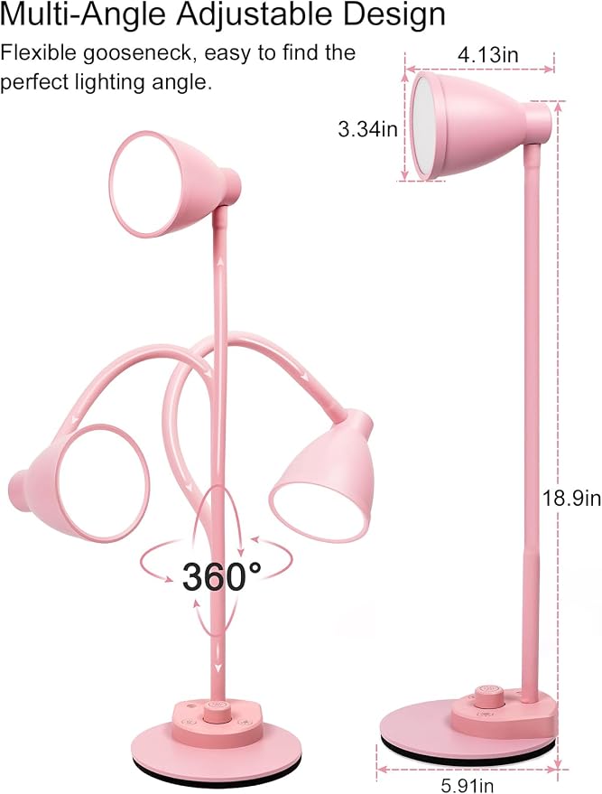 BOHON Cute Desk Lamp with USB Charging Port, 3 Color Modes Dimmable, Pink | Pink Lamp LED Reading Lamp, Flexible Neck Auto Dimming Table Task Light for Home Office Dorm Bedside