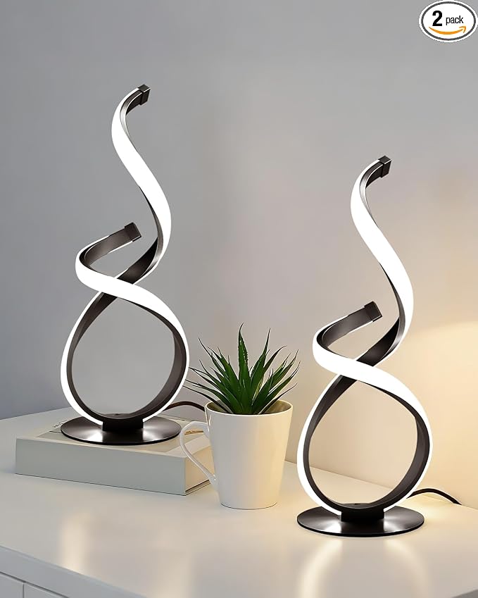 2 Pack Modern Touch Lamp for Nightstand, LED Spiral Table Light | Dimmable 3 Color Temperature Night stand Desk Lamp, Unique Bedside Light for Living Room, Bedroom, Ideal Gift, Black
