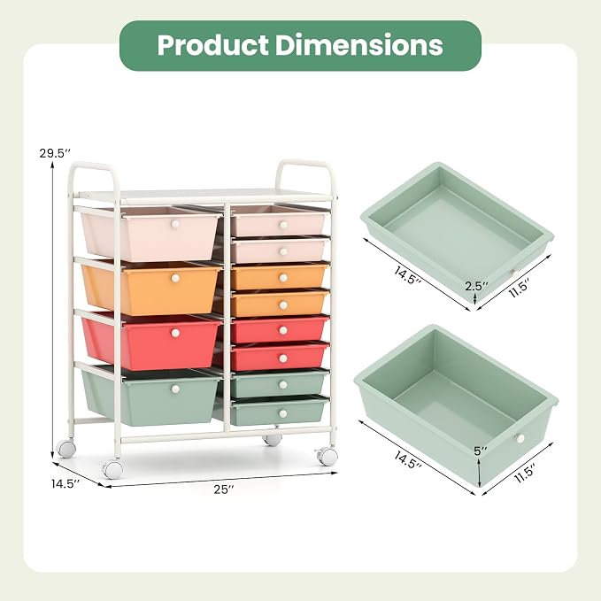 RELAX4LIFE 12-Drawer Rolling Storage Cart - Mobile Utility Drawer Carts with Wheels, Craft Organizers Cart for Classroom Organization and Storage, Home, School, Office