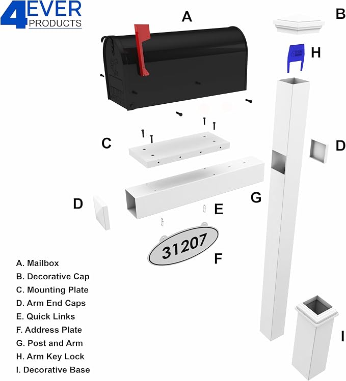 4Ever Products Vinyl Mailbox Post System - Includes Black Steel Mailbox and Custom Address Plate (White)