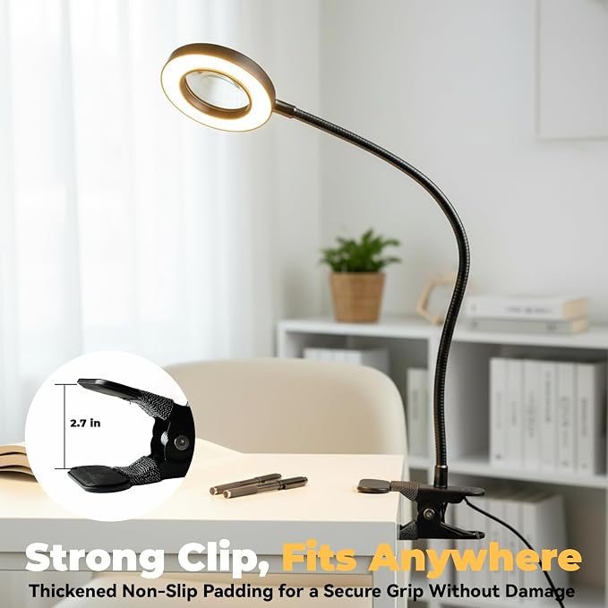 LALISU Clip on Lamp, 5X Magnifying Glass with Light LED Desk Lamp with Clamp Bright Clip Light for Bed Bedside Table, Adjustable Reading Light for Bed, Desk Lights (Black with Magnifying)