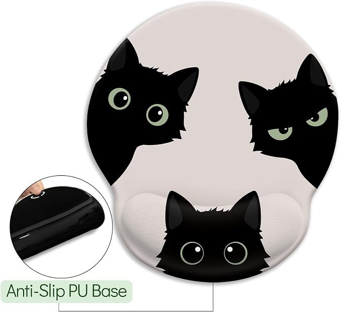 LIMKRIAN Black Cat Ergonomic Mouse Pad with Gel Wrist Rest, 9.8 x 8.6 in | Comfort Wrist Support, Cooling Gel Eases Wrist Pain, Non-Slip PU Base, Smooth Surface, Cute Office Desk Accessories Decor