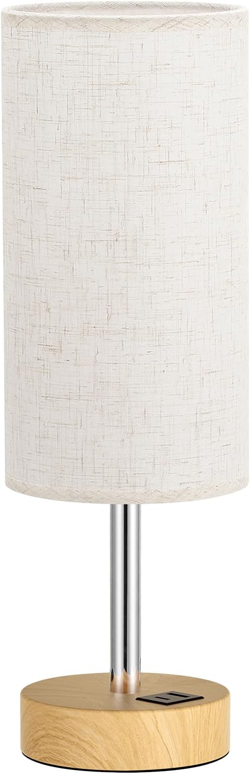 Dicoool Bedside Table Lamp for Bedroom - 3-Way Dimmable Touch Lamp, USB A+C | LED Bulb Included, 14" Small Nightstand Lamp for Desk, Living Room, Guest Room, Cream Fabric Lampshade, Wood-Grain Metal Base