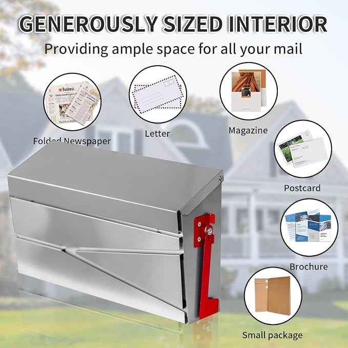 Ydocabinit Wall Mount Mailbox, Large Capacity Mailbox for House, with Flag Kit, Galvanized Steel Rust-Proof Metal Post Drop Box, Mailboxes for Outside, 15.74"×9.84"×4.33", Silver Modern Sleek Style