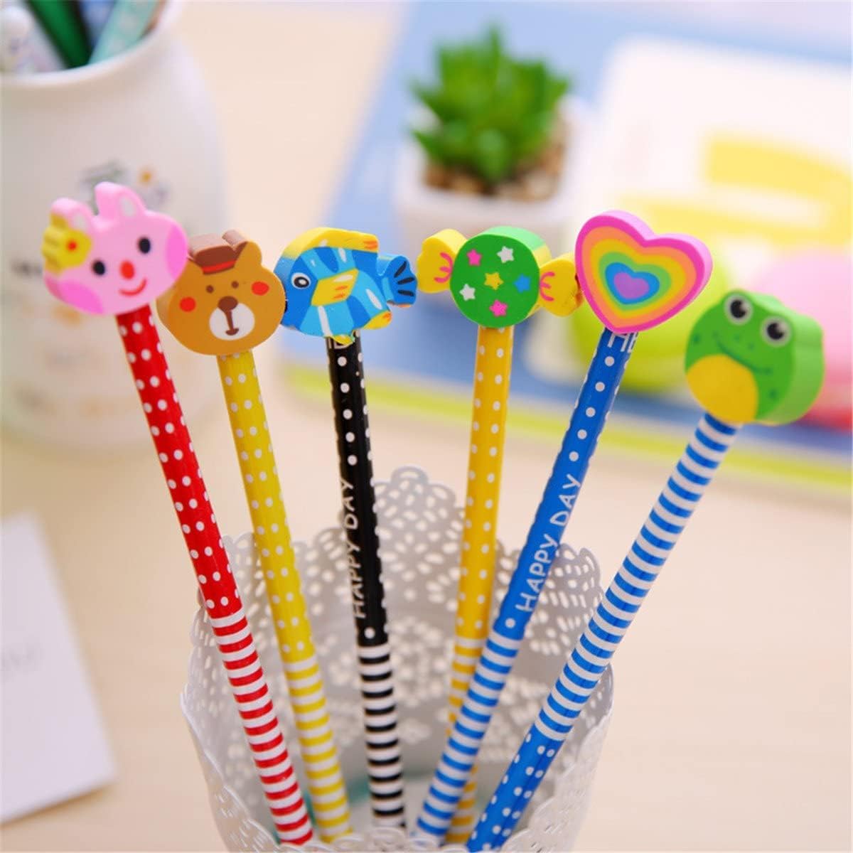 Yansanido Pack of 20 Colorful 7.28 Inch Length Random Cartoon Eraser Pencils, Cute Pencils for Office, School Supplies Students Children Gift (20)