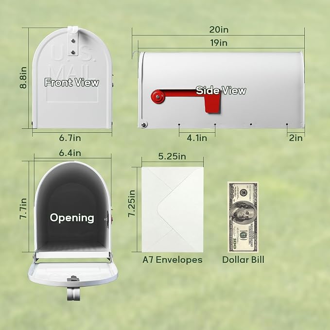 Mail Boxes for House Outside, RAINHOL White Mailboxes for Outside, Galvanized Steel Post-Mount Mailboxes, 19 x 8.7 x 6.7 Inches