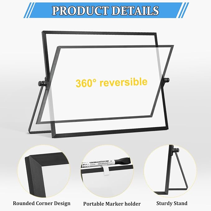 Double-Sided Magnetic White Board with Stand, 18" x 14" (Black) | Dry Erase Board with Stand, Desktop Whiteboard Easel , Portable Small White board dry erase for Drawing, Office, Home