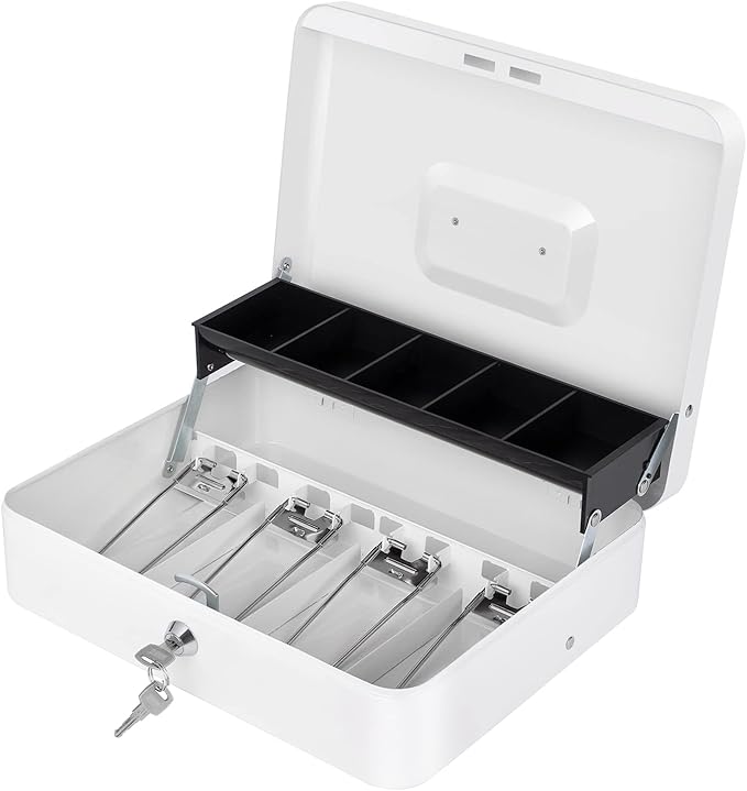Cash Box with Money Tray and Lock, Money Box for Cash, Cash Register for Small Businesses, Metal Lock Box for Money 11.8" x 9.4" x 3.54" White