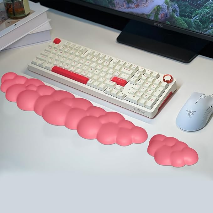 JIKIOU Upgrade Leather Cloud Wrist Rest for Keyboard and Mouse & Cup Pad | Wish Gift-Cute Cloud Shape, Comfortable and don’t Irritate to Skin, Non-Slip PU Base,Soft Memory Foam filled for Pain Relief