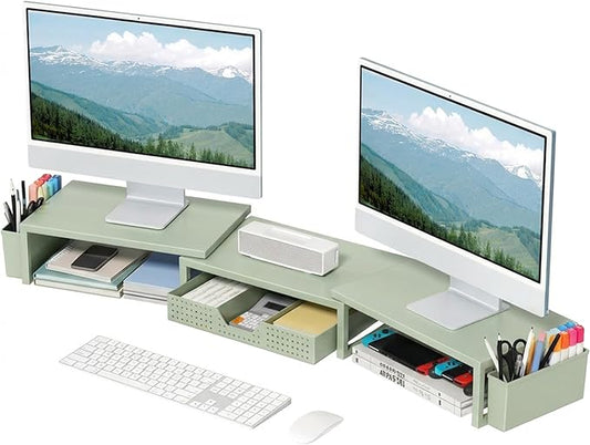 Desk Organizers and Accessories, Dual Monitor Stand Riser with Drawer and 2 Pen Holders, Desk Shelf Computer Monitor Stand for Office Workspace Organizers, Desktop Organization (Sage Green)
