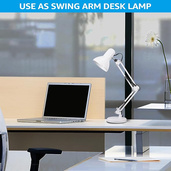 TORCHSTAR Metal Desk Lamp, Adjustable Swing Arm, E26, White | Architect Gooseneck Multi-Joint Clip Table Lamp with Plastic Clamp, for Home Office, Work, Study, Reading, Bulbs not Included