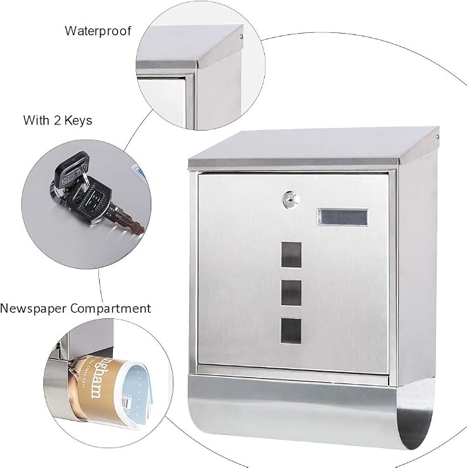 Jssmst Locking Wall Mount Mailbox, Stainless Steel Mailboxes with Secure Key Lock and Newspaper Compartment, HPB2203 Silver