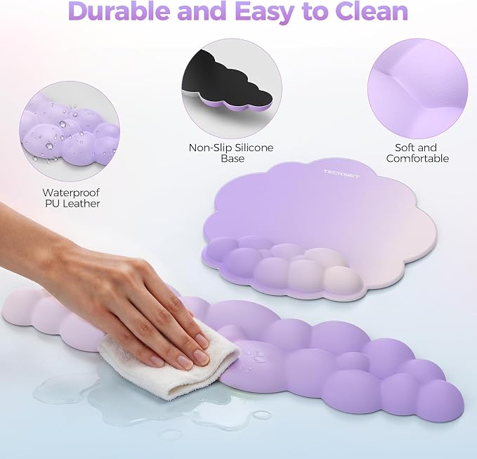 TECKNET Cloud Wrist Rest & Ergonomic Mouse Pad, Cloud Keyboard Wrist Rest with Non-Slip Base, PU Leather Memory Foam Wrist Pad for Keyboard and Mouse, Pain Relief for Typing, Gaming, Purple