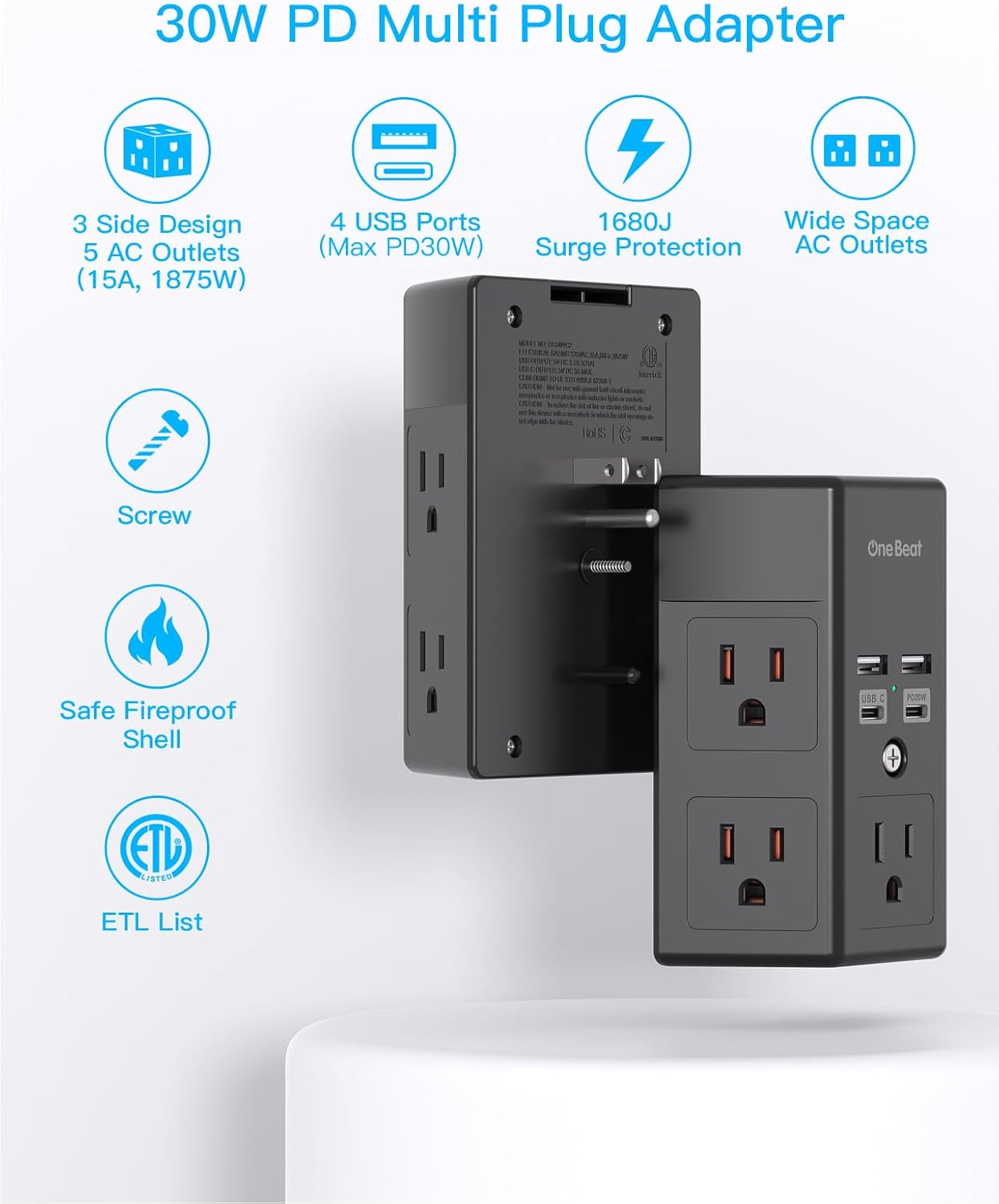 Surge Protector, 5 Outlets Extender with 4 USB Ports(USB C PD30W), 3-Side 1680J Power Strip Multi Plug Outlet Expander, USB Wall Charger, Outlet Splitter Adapter Wall Mount for Home Office(Black)